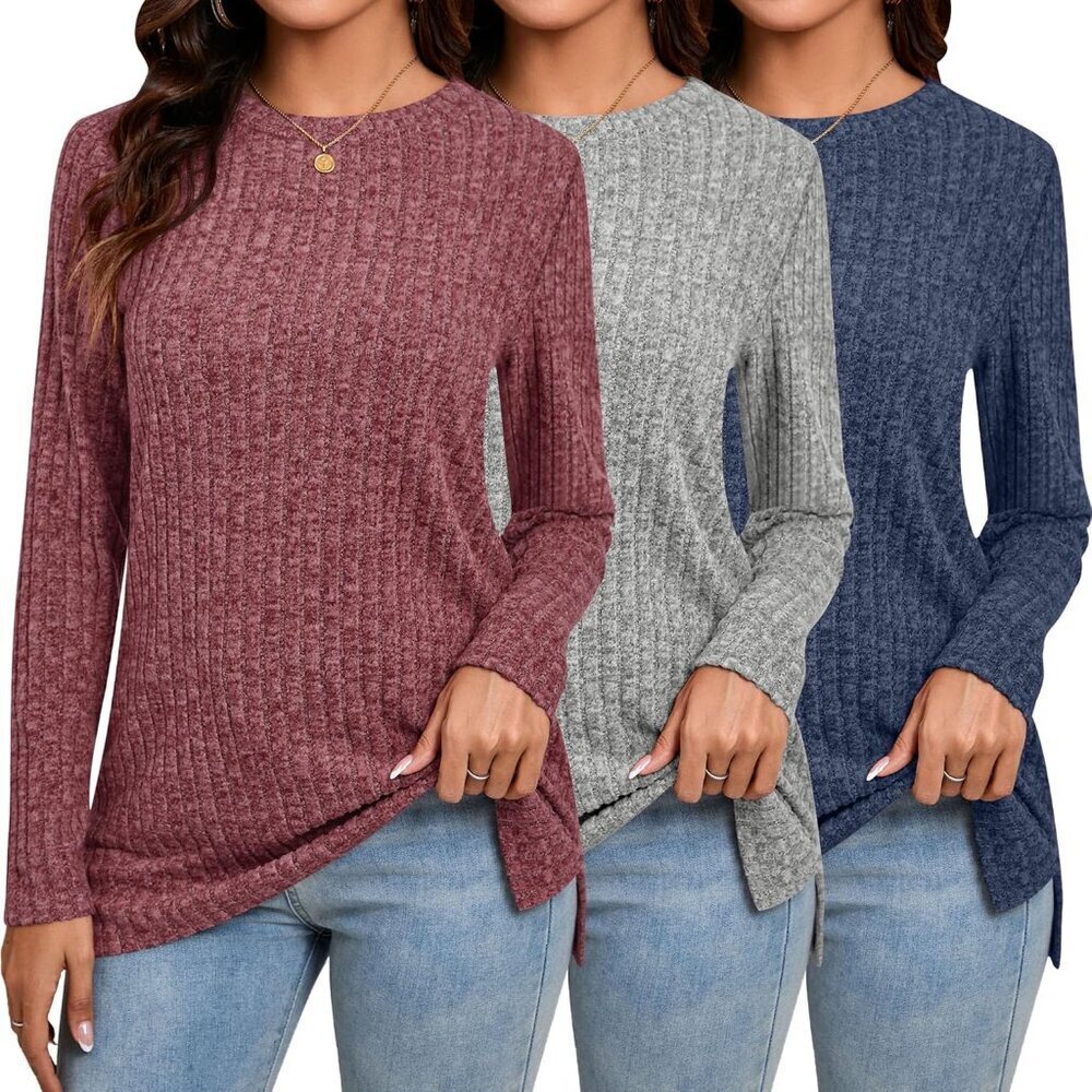 Women's Long Sleeve Lightweight Tunic Sweaters 3 Pack Casual Tops for Fall and W